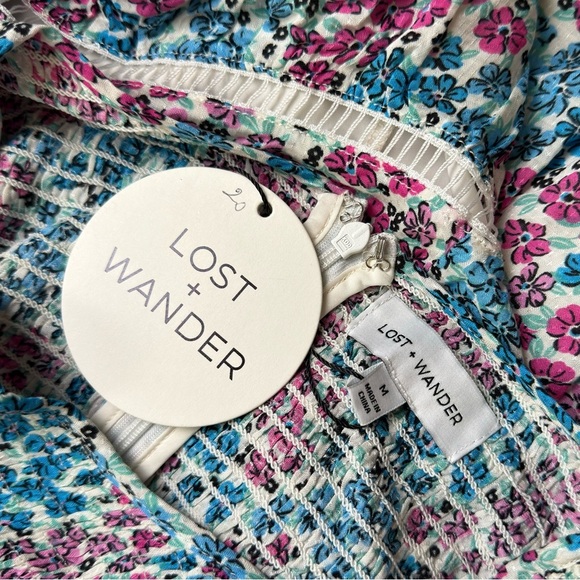 Women’s Lost + Wander Smocked Floral Midi Dress Medium Blue and Pink - Picture 7 of 9